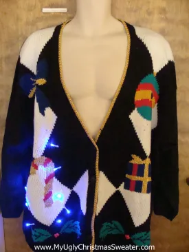 Classic 80s Diamond Grid Christmas Sweater with Lights
