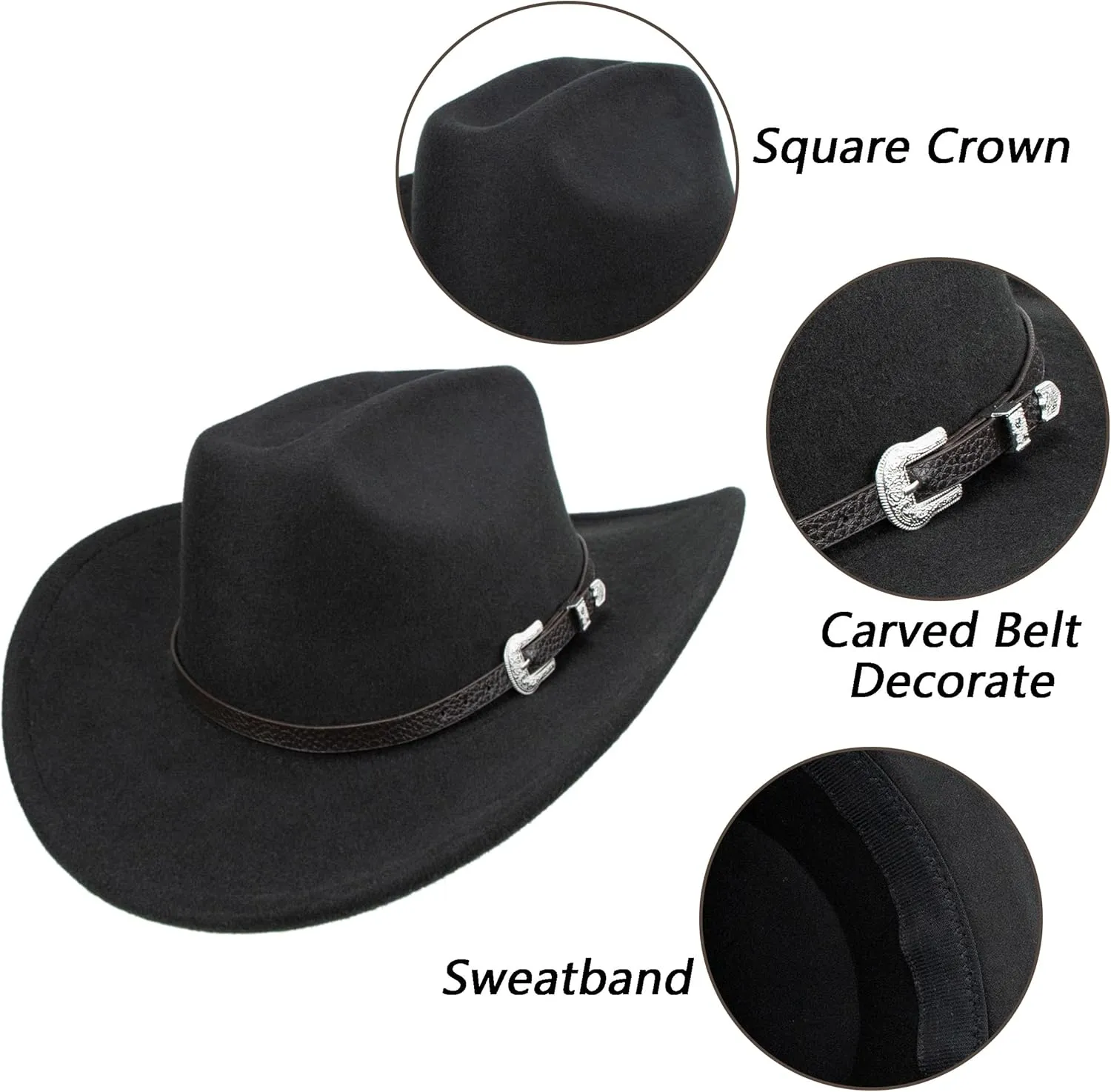 Classic Western-Cowboy-Hat Men Womens Wide Brim Cowgirl Hats Felt Fedora hat (S-M)