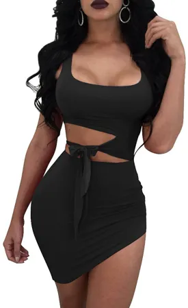 GOBLES Womens Sexy Bodycon Cut Out Sleeveless Outfit Mini Club Tank Dress