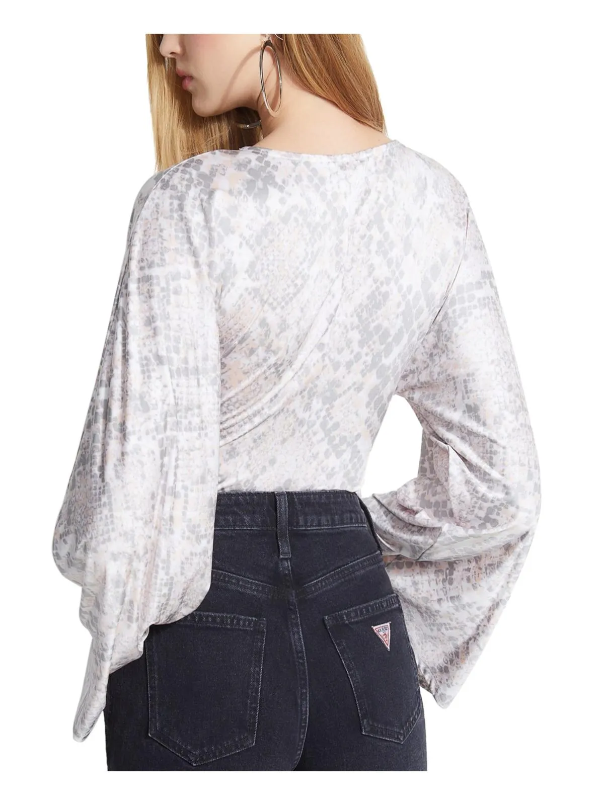 Guess Women's Jazzi Printed Kimono Sleeves Bodysuit Gray Size Medium