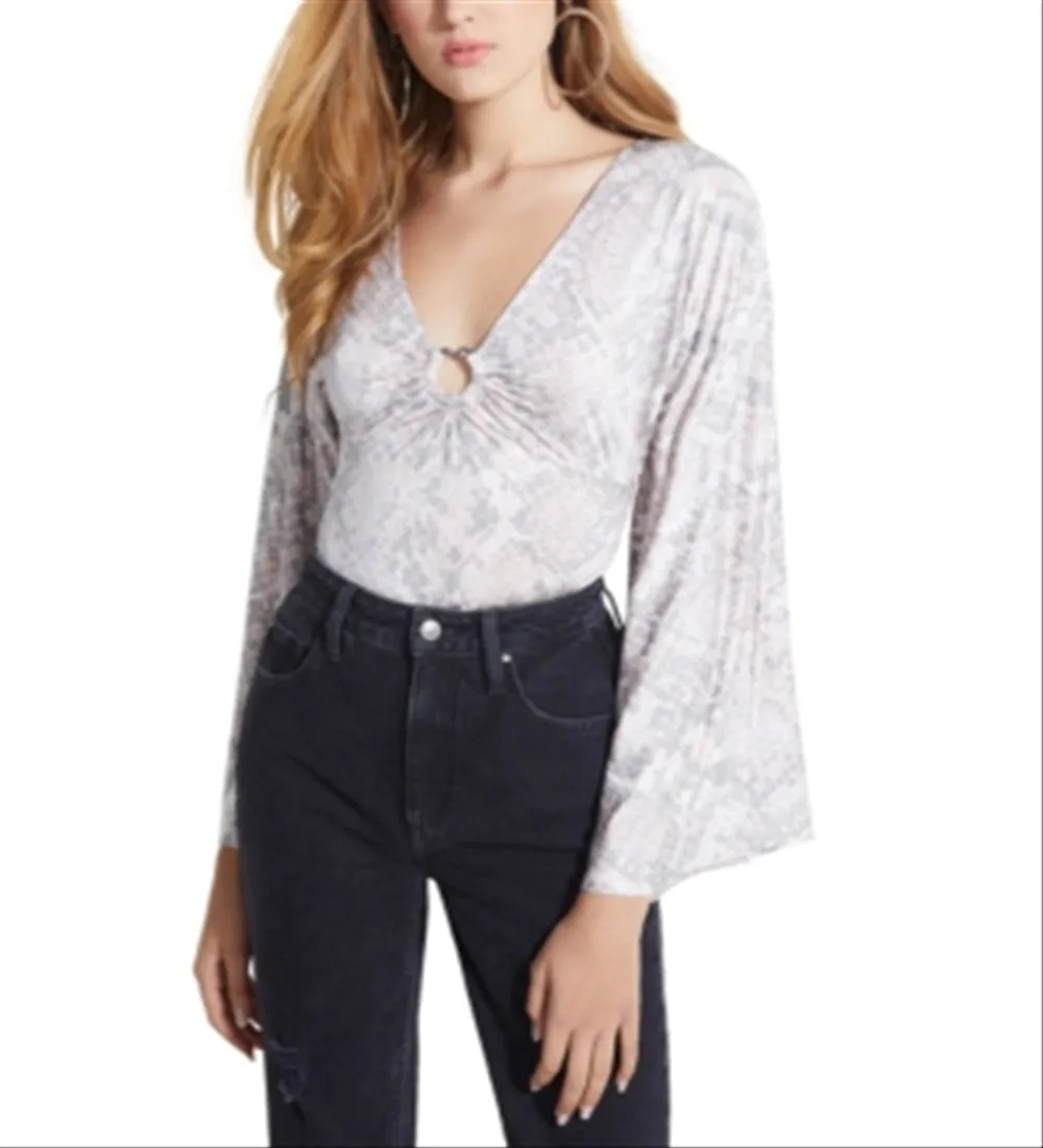 Guess Women's Jazzi Printed Kimono Sleeves Bodysuit Gray Size Medium