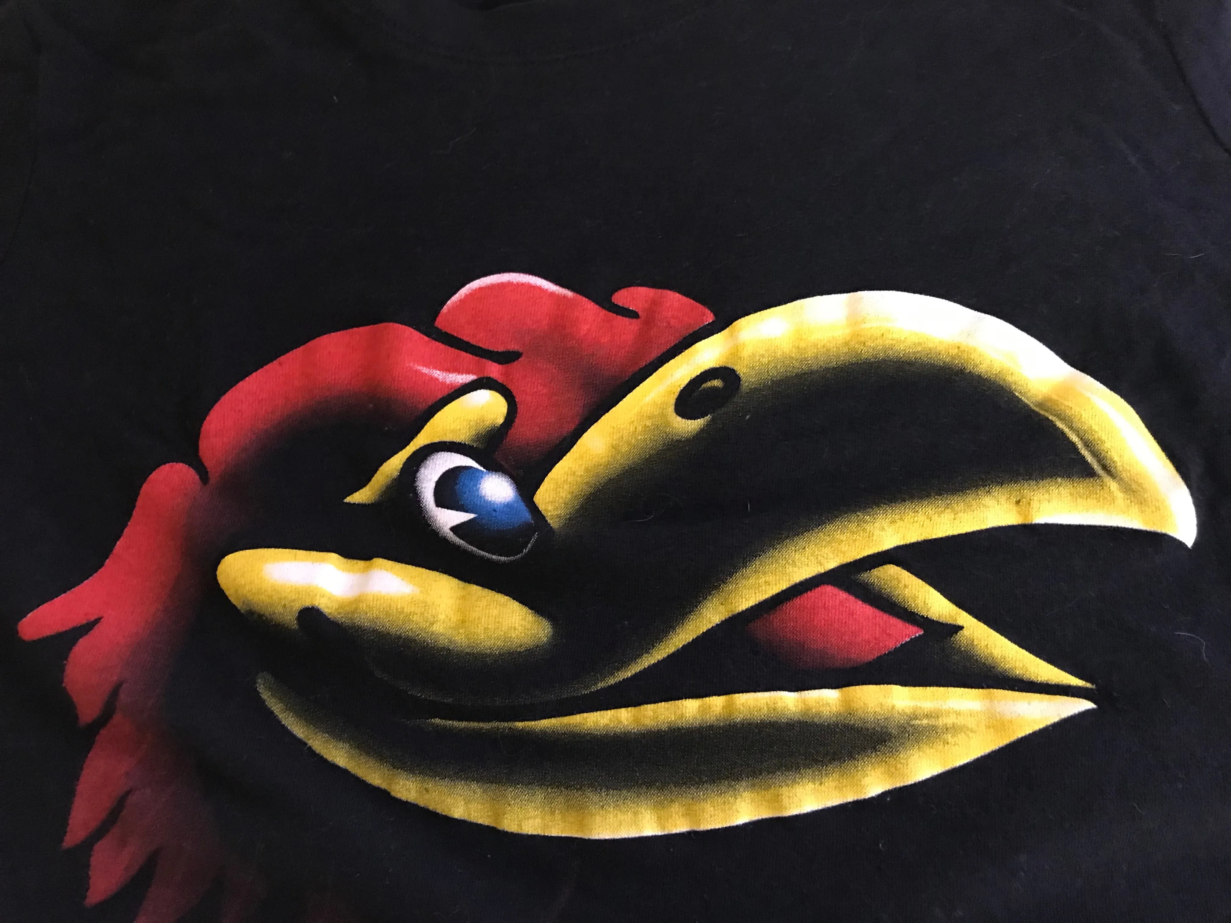 <€€ Vintage Womens Medium KANSAS University JAYHAWKS Black Tshirt Fitted Short Sleeve