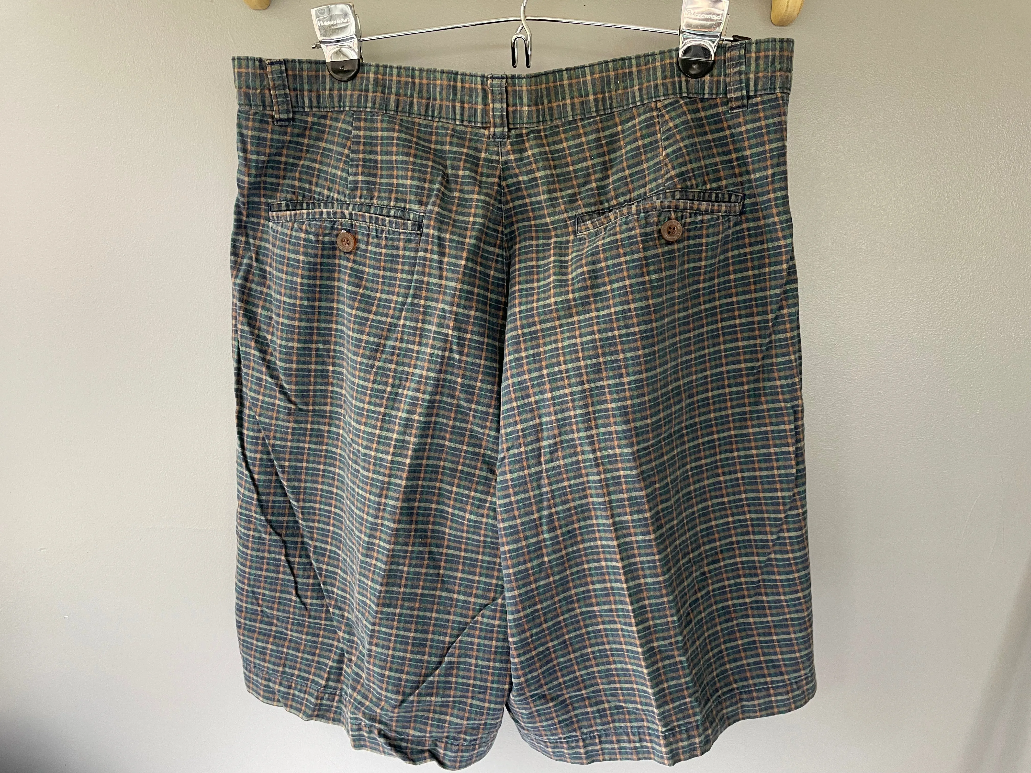 Mens 34” Waist Plaid Shorts BASS & Co.  Green Blue Gold Pockets 100% Cotton