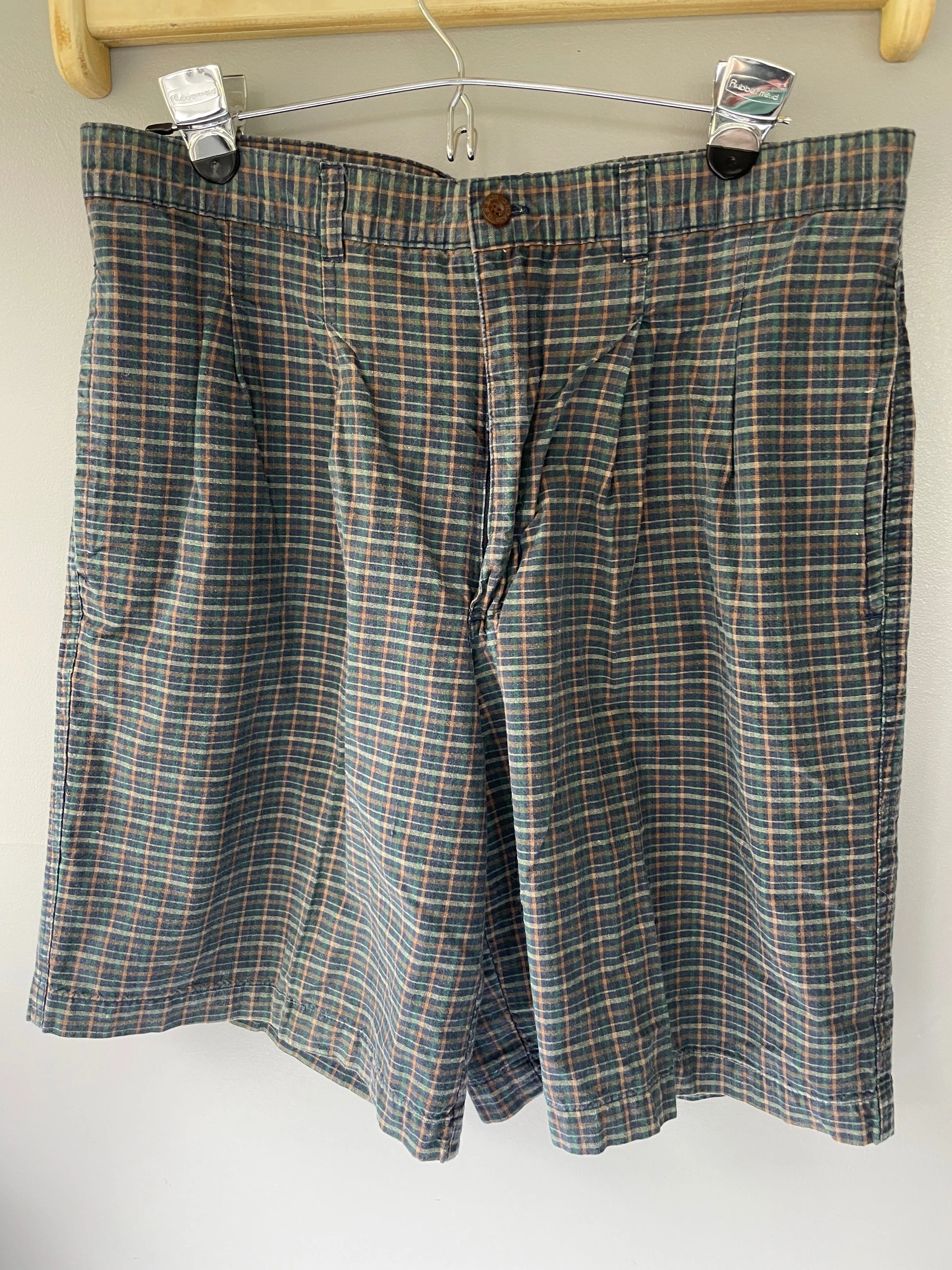 Mens 34” Waist Plaid Shorts BASS & Co.  Green Blue Gold Pockets 100% Cotton