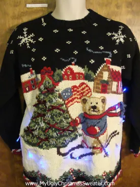 Patriotic Skiing Bear Christmas Sweater with Lights