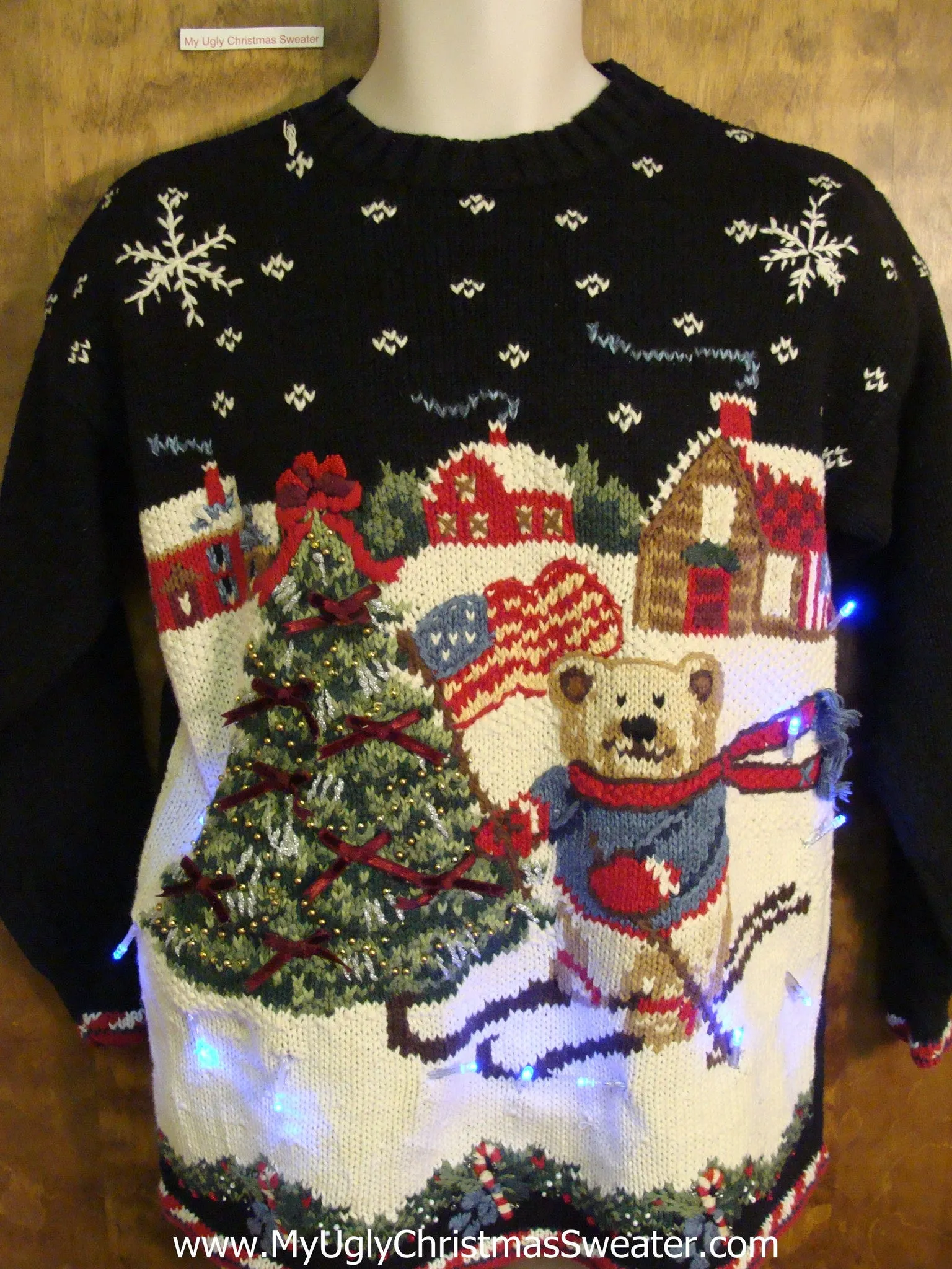 Patriotic Skiing Bear Christmas Sweater with Lights