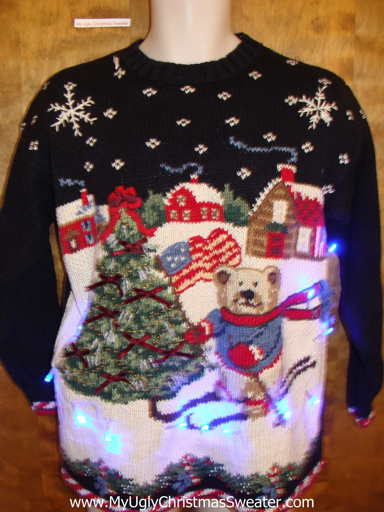 Patriotic Skiing Bear Christmas Sweater with Lights