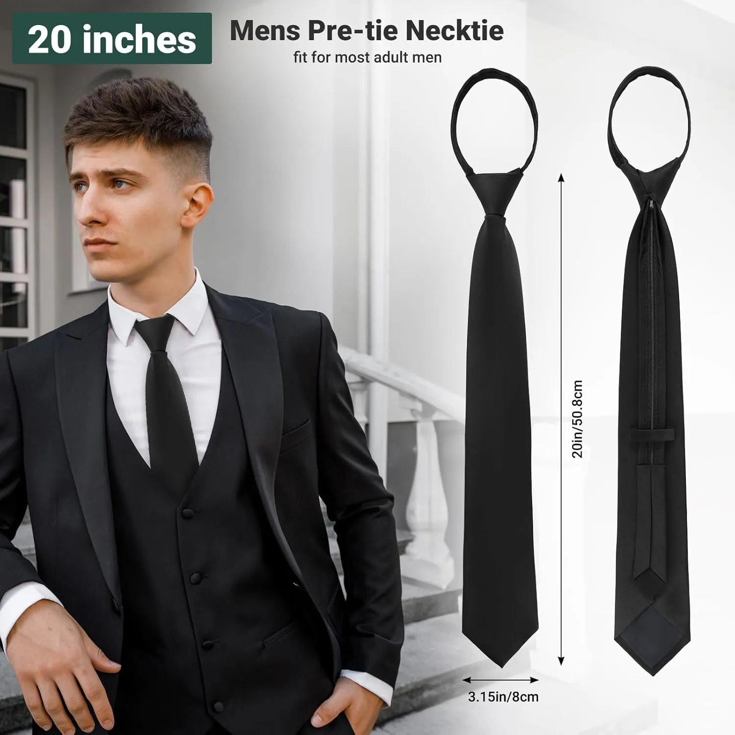 Pre Tied Adjustable Black Zipper Ties for Men 3.15" (8CM) Womens Solid Color Necktie