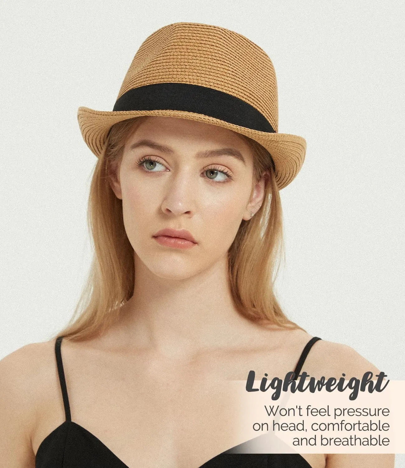 Straw Fedora Sun Hat for Women Men Short Brim Panama Trilby Beach Hat Packable Summer Hat UPF 50 