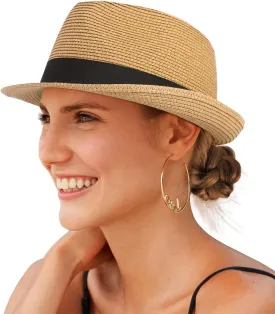 Straw Fedora Sun Hat for Women Men Short Brim Panama Trilby Beach Hat Packable Summer Hat UPF 50 