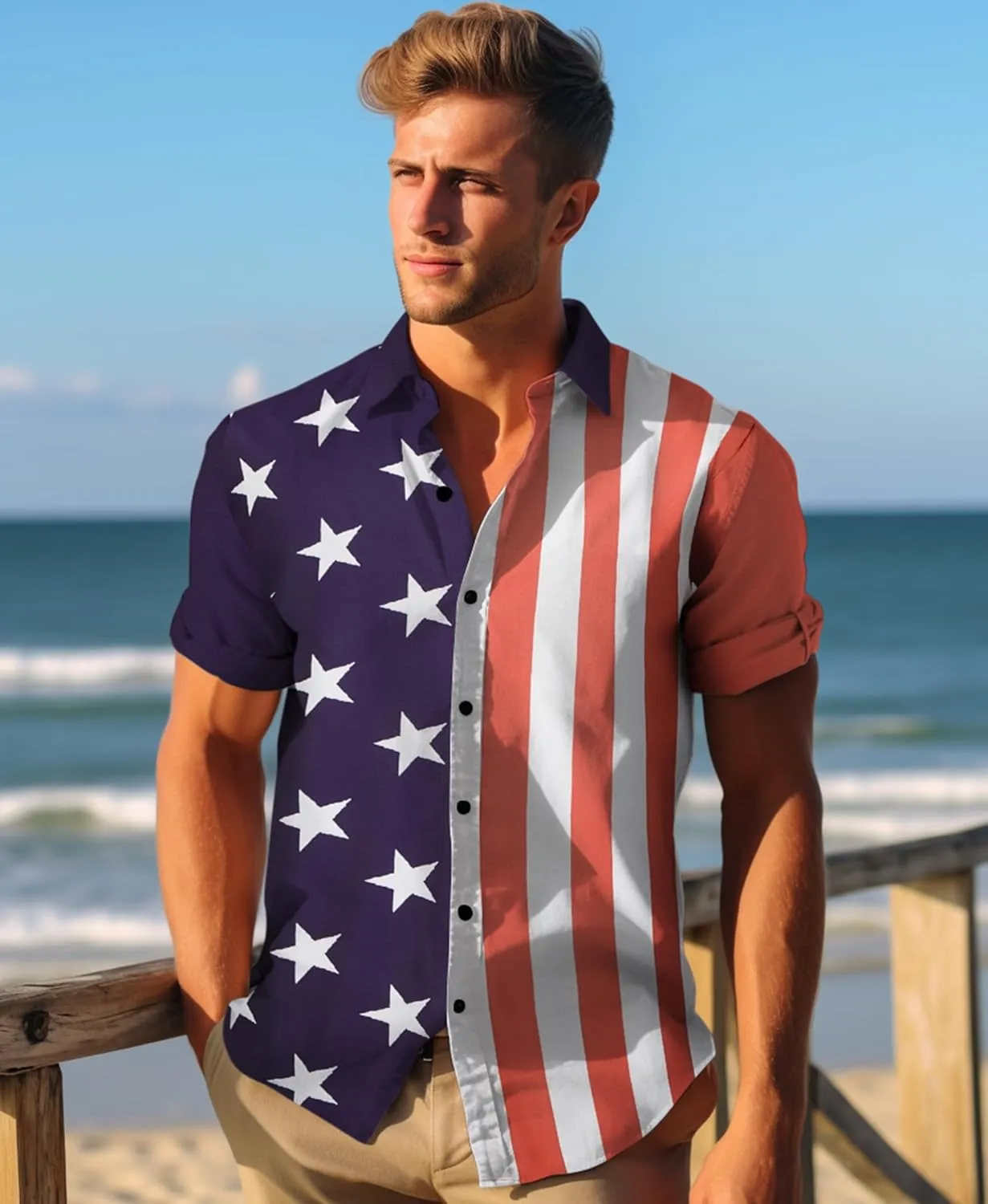 Yoimira 4th of July Shirts for Men,Patriotic Grunge Concept USA Flag Button-Down Casual Short Sleeve Hawaiian Shirts for Men