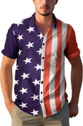 Yoimira 4th of July Shirts for Men,Patriotic Grunge Concept USA Flag Button-Down Casual Short Sleeve Hawaiian Shirts for Men